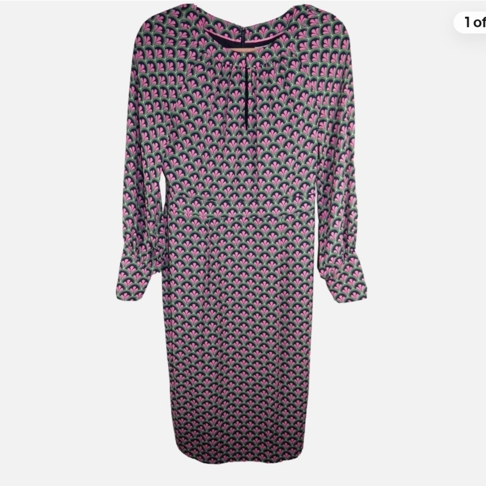 Boden Pink and Black Geometric-Print Long Sleeve Dress - Size 14R
